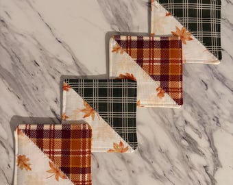 Handmade Quilted Coasters Set: Reversible Fall, Plaid, Leaf Print (Set of 4)
