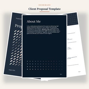 May include: A digital client proposal template document featuring a dark navy blue background with white text and geometric patterns. The page titled About Me includes professional text, while other pages show layout sections and August 2026.