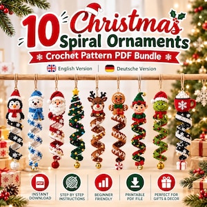 Bundel met 10 haakpatronen voor kerstspiraalornamenten (PDF), sneeuwpop, kerstman, kerstboom (amigurumi), spiraalvormige lentedecoratie