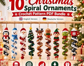 10 Christmas Spiral Ornaments Crochet Pattern Bundle PDF, Snowman Santa Tree Amigurumi, Spiral Spring Decor