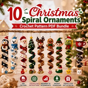 May include: A digital bundle of 10 Christmas spiral crochet ornament patterns featuring a penguin, polar bear, Santa, tree, reindeer, gingerbread man, elf, dinosaur, and hot cocoa mug. The text reads 10 Christmas Spiral Ornaments Crochet Pattern PDF Bundle.