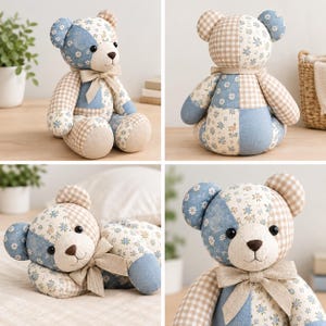 May include: A patchwork teddy bear crafted from fabric panels featuring blue floral patterns and beige gingham checks. The bear has black button eyes, a brown stitched nose, and a light beige ribbon tied around its neck in a bow.