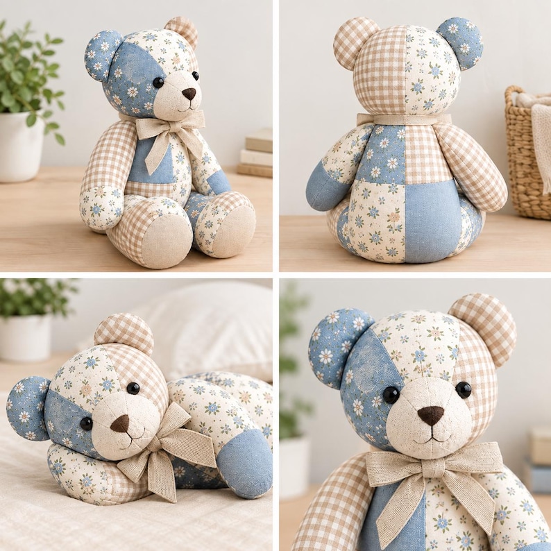 May include: A patchwork teddy bear crafted from fabric panels featuring blue floral patterns and beige gingham checks. The bear has black button eyes, a brown stitched nose, and a light beige ribbon tied around its neck in a bow.
