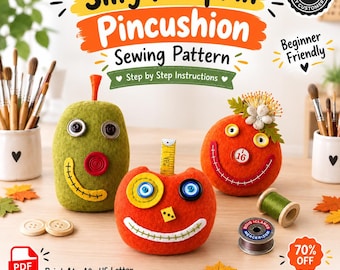 Pumpkin Pincushion Sewing Pattern PDF, Silly Halloween Felt Pumpkin Pattern, DIY Sewing Pattern, Cute Pin Cushion Pattern, Instant Download