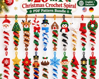 20-in-1 Christmas Crochet Spiral Pattern Bundle PDF | Wind Spinner Ornament Pattern | Santa Snowman Reindeer Elf Penguin | EN & DE Instant