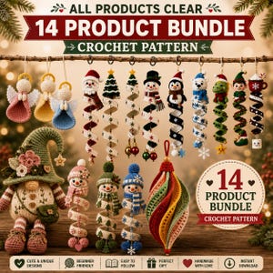 Könnte beinhalten: Ein 14-teiliges Häkelmuster-Set mit verschiedenen hängenden Ornamenten, darunter Engel, ein Weihnachtsmann, ein Schneemann, ein Pinguin, ein Eisbär, ein Dinosaurier, ein Elf und ein Wichtel. Das Set enthält Spiraldesigns und festliche Figuren.