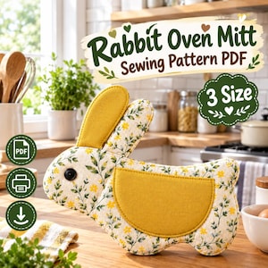 May include: A rabbit-shaped oven mitt sewing pattern PDF featuring a floral print with yellow flowers and green leaves on a cream background. The mitt has a solid yellow ear and a solid yellow pocket. Text reads Rabbit Oven Mitt Sewing Pattern PDF 3 Size.