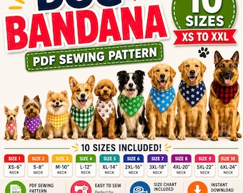 Dog Bandana Sewing Pattern, Dog Sewing Pattern, Reversible Pet Scarf PDF, Elastic Dog Bandana, 10 Sizes, DIY Dog Bandana