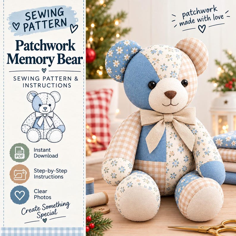 May include: A patchwork memory bear sewing pattern featuring text that reads SEWING PATTERN Patchwork Memory Bear SEWING PATTERN & INSTRUCTIONS Instant Download Step-by-Step Instructions Clear Photos Create Something Special patchwork made with love.