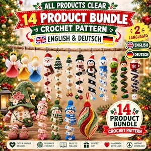 Op de afbeelding: Een set van 14 haakpatronen met diverse kerstversieringen, waaronder engeltjes, een kerstman, een sneeuwman, een pinguïn, een ijsbeer, een dinosaurus, een elfje en een kabouter. De tekst luidt 14 PRODUCT BUNDLE CROCHET PATTERN.
