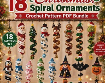 18 Christmas Crochet Ornament Patterns PDF Bundle, Spiral Hanging Ornaments, Santa Snowman Reindeer Elf Gingerbread Penguin, Amigurumi Decor