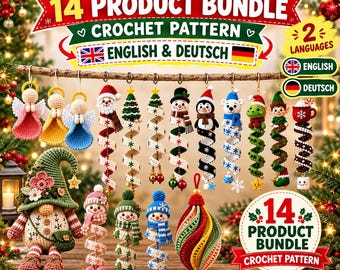 Paquete de 14 patrones de ganchillo navideños, patrones de adornos navideños de ganchillo, patrón de adorno en espiral, Papá Noel, muñeco de nieve, ángel, gnomo.