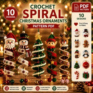 May include: A digital PDF pattern for 10 crochet spiral Christmas ornaments featuring Santa, a snowman, a tree, an elf, and a reindeer. The document includes step-by-step instructions, clear photos, and diagrams for creating these festive decorations.