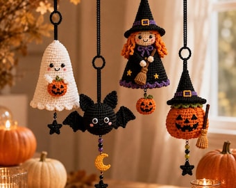 Halloween Crochet Pattern Bundle | Spooky Amigurumi Ghost Witch Bat Pumpkin | Easy Hanging Decor Ornaments | Digital PDF Download