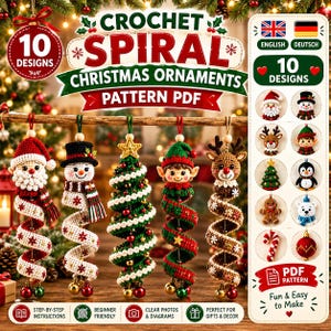 Julklappsspiralmönster i PDF-format, 10 amigurumi-dekorationer för högtider, virkmönster för snögubbe och jultomte