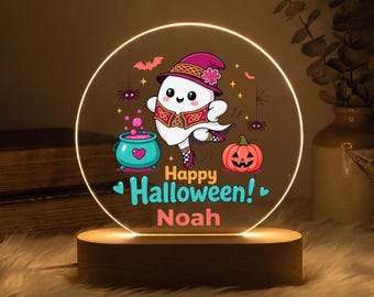 Personalized Kids Halloween Night Light, Cute Ghost Witch Pumpkin Custom Name Design, Spooky Halloween Gift for Boys and Girls