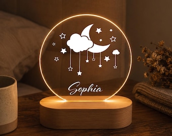 Personalized Moon And Stars Night Light, Custom Cloud LED Lamp For Girls, Dreamy Acrylic Bedroom Decor, Birthday Gift
