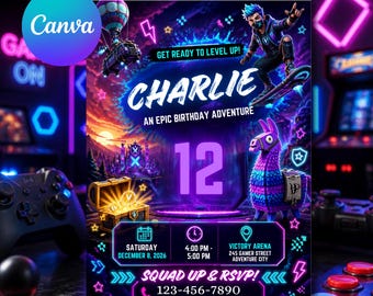 Battle Royale Gamer Birthday Invitation | Editable Video Game Party Canva Template