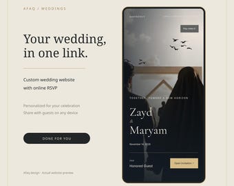 Afaqウェディングウェブサイトテンプレート（オンライン出欠確認機能付き）、チャコール＆ブラスのデジタル招待状、すべてお任せください