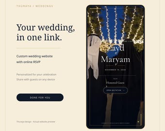 Thuraya ウェディングウェブサイトテンプレート（オンライン出欠確認、スターライト＆ゴールデングローのデジタル招待状付き）、すぐに使える