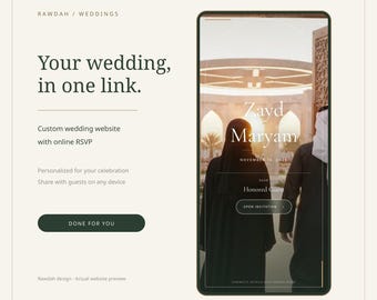 オンライン出欠確認機能付きRawdahウェディングウェブサイトテンプレート、白い花と舞い散る花びらのデジタル招待状、すぐに使える状態でお届けします