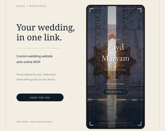 Qasrウェディングウェブサイトテンプレート（オンラインRSVP機能付き）、ダークリーガルパレスデジタル招待状、すぐに使える