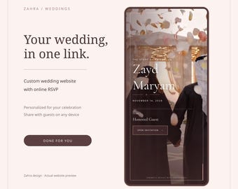 ザフラの結婚式ウェブサイトテンプレート（オンライン出欠確認、ブラッシュ＆ローズゴールドのデジタル招待状付き）、すぐに使える状態でお届けします