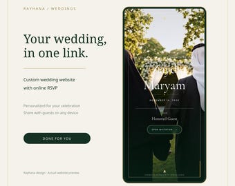 Rayhanaウェディングウェブサイトテンプレート（オンライン出欠確認機能付き）、エメラルドグリーンとアンティーク真鍮のデジタル招待状、すぐに使える状態でお届けします