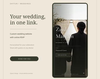 Zaytun ウェディングウェブサイトテンプレート（オンライン出欠確認機能付き）、リネンとオリーブの地中海風デジタル招待状、すぐに使える