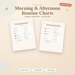 Peut inclure: Deux tableaux de routine imprimables intitulés Morning Routine et Afternoon Routine sur fond beige avec du texte marron. Les tableaux présentent des listes numérotées avec des icônes pour les tâches, des cases à cocher et des émojis d'humeur.