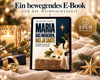 May include: A digital tablet displays an e-book cover titled Maria Das Mädchen, Das Ja Sagte by Ingrid Chambers. The cover features a white lily, a stone block, and a star. A gold EPUB download icon is visible in the upper right corner.