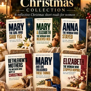 May include: A collection of six books titled The Complete Women Who Knew Christmas Collection by Ingrid Chambers. The covers feature titles such as Mary The Girl Who Said Yes, Mary & Elizabeth, Anna The Woman Who Stayed, Bethlehem's Mothers, Mary And She Treasured These Things, and Elizabeth The Woman Who Stopped Hoping.