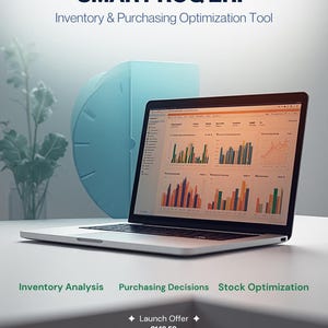 May include: A laptop displaying a dashboard with colorful bar charts for the Smart Roq ERP inventory and purchasing optimization tool. The screen shows data analytics, while text below lists inventory analysis, purchasing decisions, and stock optimization.
