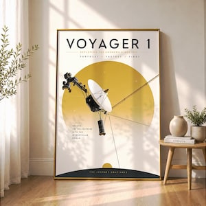 May include: A vertical poster featuring the Voyager 1 spacecraft against a large yellow circle. Text reads: VOYAGER 1, EXPLORING THE UNKNOWN SINCE 1977, FARTHEST FASTEST FIRST, BEYOND THE HELIOSPHERE INTO THE INTERSTELLAR OCEAN, and THE JOURNEY CONTINUES.