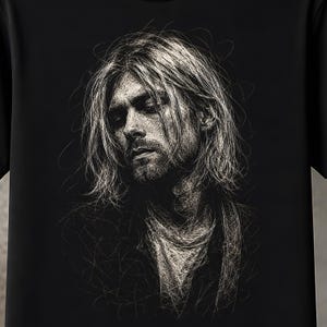 Puede incluir: Una camiseta negra con un retrato en líneas blancas de estilo garabato complejo que representa a una persona con cabello largo y degradado y barba ligera. El diseño gráfico utiliza líneas blancas densas y superpuestas para crear sombras y texturas.