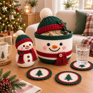 Crochet Snowman Basket Pattern PDF Amigurumi Christmas Decor Holiday Storage Bundle with Coasters and Toy Tutorial Beginner Friendly