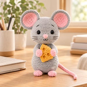May include: A grey crocheted mouse toy with large round ears featuring pink centres, black safety eyes, a small pink nose, and embroidered whiskers. The mouse holds a triangular piece of yellow cheese with holes and has pink hands, feet, and a long tail.