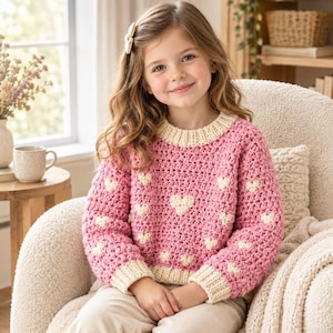 May include: A long-sleeved crochet jumper in a vibrant pink hue, featuring a repeating pattern of small cream-coloured hearts. The garment includes a ribbed cream-coloured crew neckline and matching ribbed cuffs at the wrists and the bottom hem.