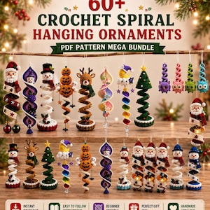 May include: A digital collection of 60+ crochet spiral hanging ornaments featuring various holiday and seasonal characters like Santa, snowmen, pumpkins, and reindeer. The PDF pattern mega bundle includes colorful, detailed yarn designs for festive decor.