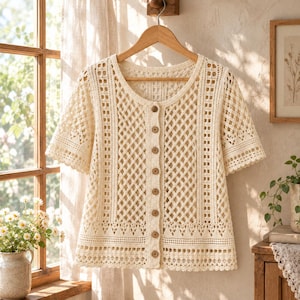 May include: A cream-colored short-sleeve cardigan featuring an intricate openwork crochet pattern, a round neckline, and a vertical front placket secured with eight small brown buttons. The garment displays varied geometric stitch textures.