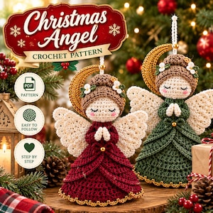 Julängelvirkmönster PDF, Amigurumi-ängladocka, julgransprydnad, högtidsdekor, enkel virkad present