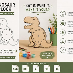 May include: A digital download file for a dinosaur clock featuring a laser-cut design. The image displays a tan wooden dinosaur shape with clock numbers 1 through 12, alongside text including DINOSAUR CLOCK, CUT IT. PAINT IT. MAKE IT YOURS!, and file formats SVG, DXF, AI, PDF, and CDR.