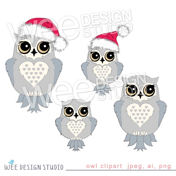 Cute Owl Clipart With Without Christmas Santa Hat Ideal Etsy