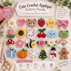 May include: A digital PDF pattern bundle for crochet appliqués featuring over 20 designs including a daisy, heart, bear, strawberry, star, bow, tulip, sunflower, bunny, cherries, cloud, frog, mushroom, flower, bee, rose, rainbow, butterfly, pumpkin, snowflake, tree, snowman, and gingerbread man.