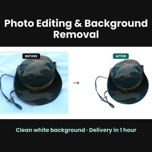 May include: A comparison graphic titled Photo Editing & Background Removal showing a camouflage bucket hat with a chin strap on a light blue surface labeled BEFORE and the same hat on a white background labeled AFTER with text below.