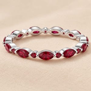 Full Eternity Marquise Cut Ruby Wedding Band, Alternating Marquise Round Ruby Ring, July Birthstone Stacking Gold Band, Gift for Her