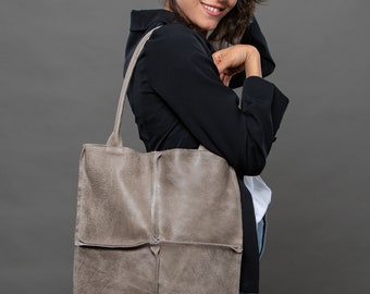 Italian Leather Work Tote, Grey Suede Seams, Large Shoulder Bag