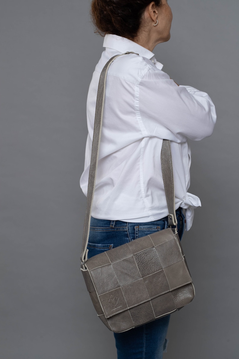 Gray Leather Cross Shoulder Purse Bag Small Items One Strap Etsy