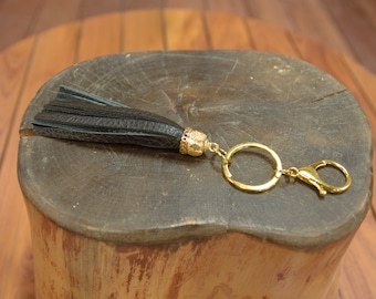 Porte-clés doré fait main à franges en cuir véritable, porte-bague dorée, sac à main, breloque pour sac à main
