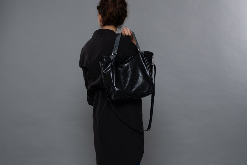 Cute & Sparkly Black Leather Tote Evening Bag, Leather Ladies Office Work Tote , Formal Evening Bag, Leather Zipper Tote, Soft Leather Tote image 5